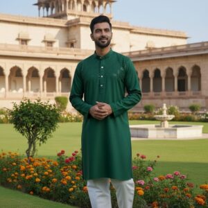 Man wearing a green embroidered kurta with white pajama, standing in a royal palace garden.