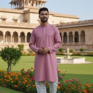 Man wearing light pink embroidered kurta with white churidar in front of an Indian heritage palace.