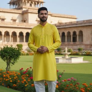 A man wearing a yellow kurta and white pants stands in a garden in front of a palace. He is smiling with his hands clasped in front of him.