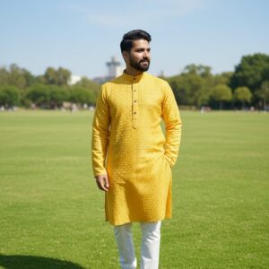 A man wearing a traditional embroidered kurta with straight trousers, walking barefoot on a grassy field.
