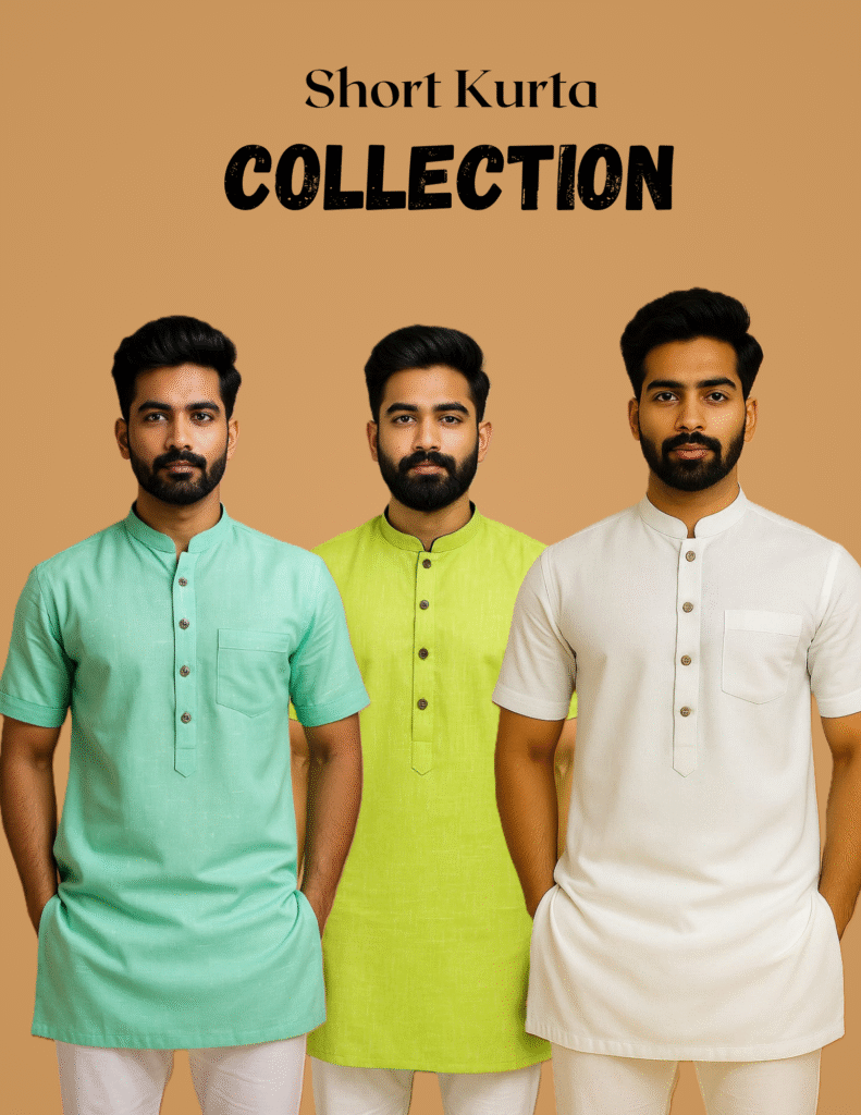 Three men standing side-by-side, each wearing a short-sleeved, collared kurta with buttons down the front. The man on the left wears a light green kurta, the man in the middle a bright lime green kurta, and the man on the right a white kurta with a chest pocket. The background is a solid light brown, and the text "Short Kurta COLLECTION" is displayed at the top.