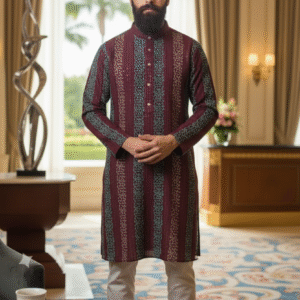 A bearded man in a maroon and teal striped kurta with subtle embroidery, paired with light gray pants, standing in an opulent hotel lobby or lounge.