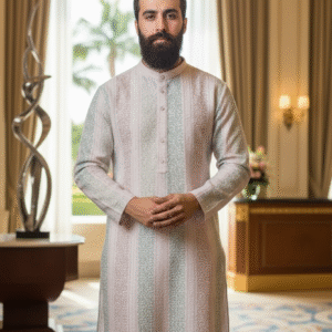 A bearded man models a subtle light pink and pastel green striped kurta with tone-on-tone embroidery, standing formally in a luxurious indoor setting.