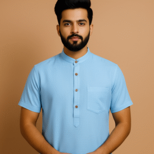 Men’s short kurta with mandarin collar and button placket by Patel Sahab, designed for modern comfort and everyday ethnic style.