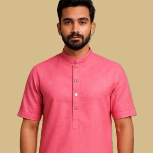 Men’s short kurta with mandarin collar and button placket by Patel Sahab, designed for modern comfort and everyday ethnic style.