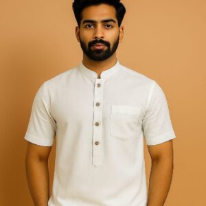 Men’s short kurta with mandarin collar and button placket by Patel Sahab, designed for modern comfort and everyday ethnic style.